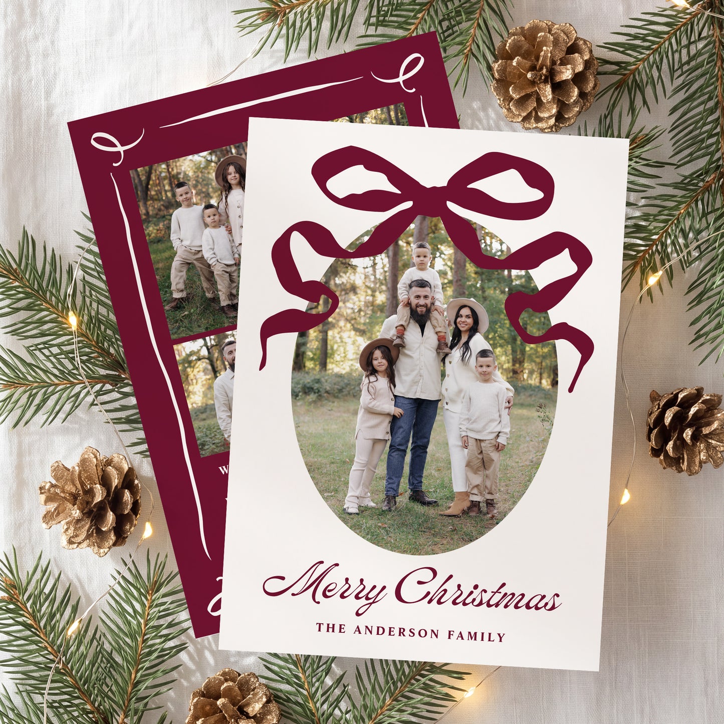Whimsical Hand-Drawn Burgundy Bow 5 Photo Christmas Card | Corjl Template