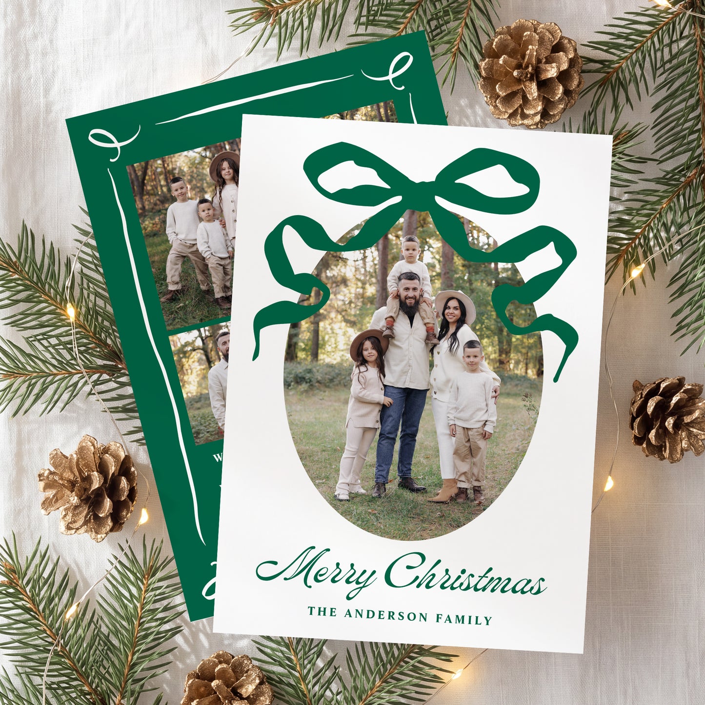 Whimsical Hand-Drawn Green Bow 5 Photo Christmas Card | Corjl Template