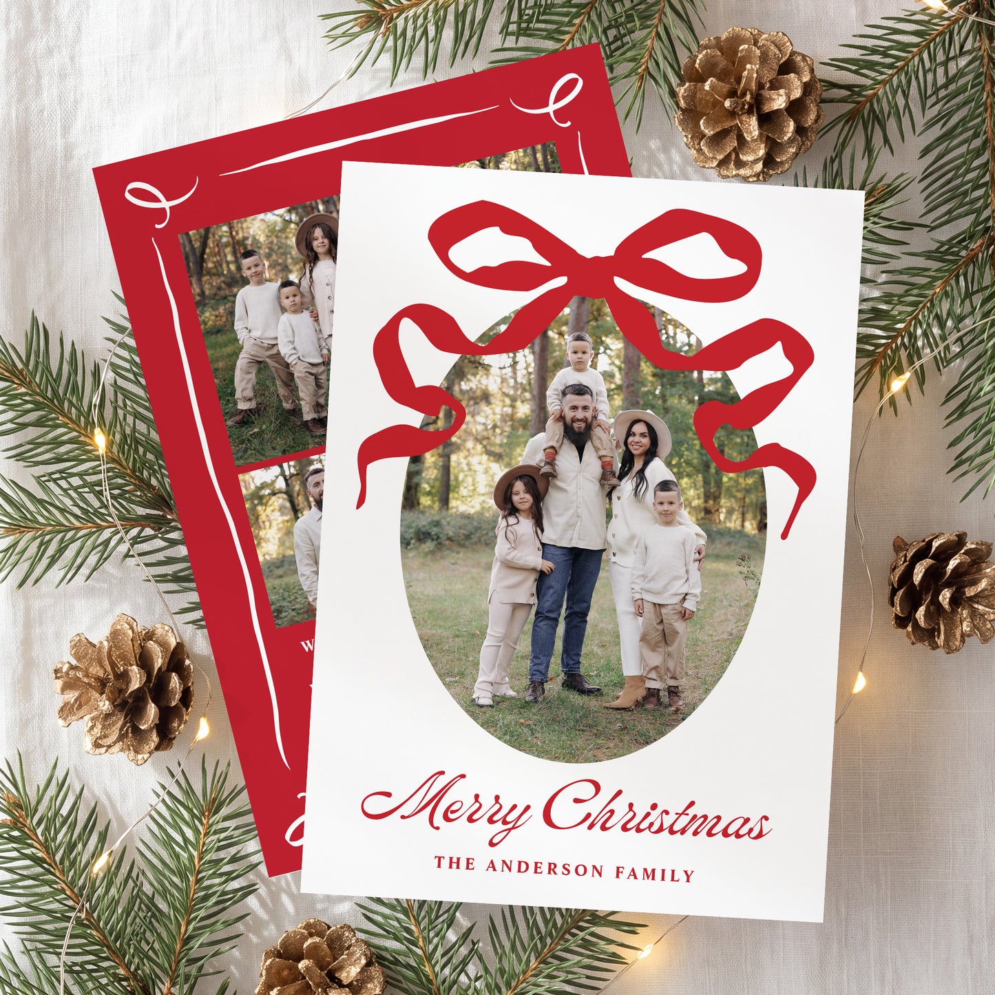 Whimsical Hand-Drawn Red Bow 5 Photo Christmas Card | Corjl Listing
