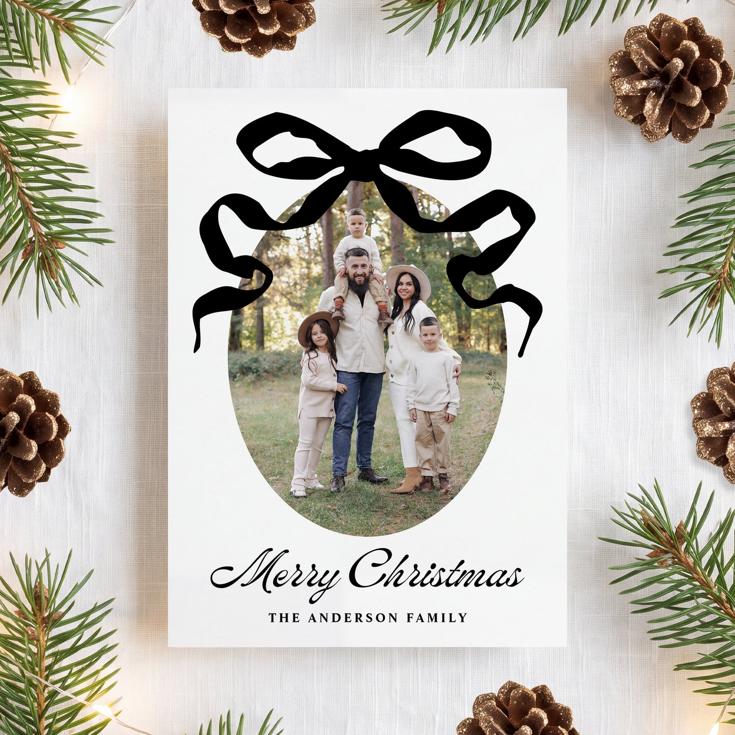 Whimsical Hand-Drawn Black Bow 5 Photo Christmas Card | Corjl Template
