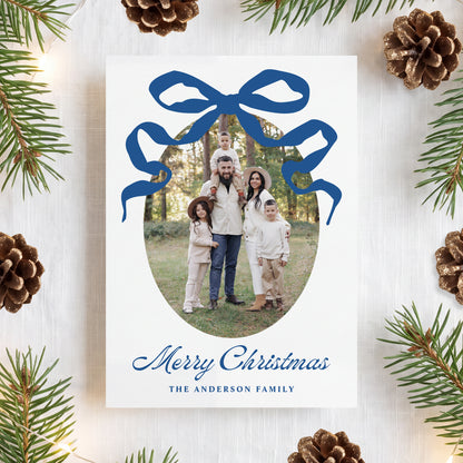 Whimsical Hand-Drawn Blue Bow 5 Photo Christmas Card | Corjl Template