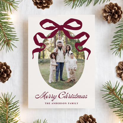Whimsical Hand-Drawn Burgundy Bow 5 Photo Christmas Card | Corjl Template