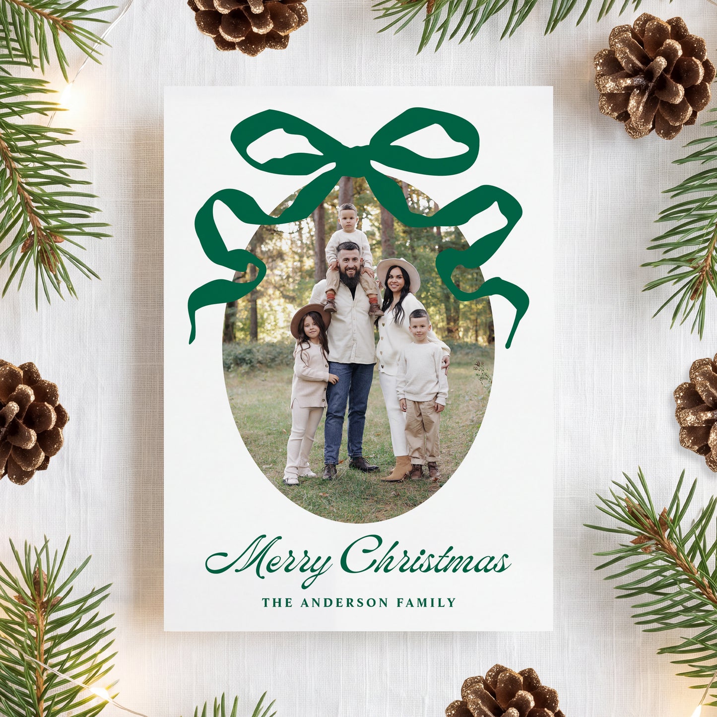 Whimsical Hand-Drawn Green Bow 5 Photo Christmas Card | Corjl Template
