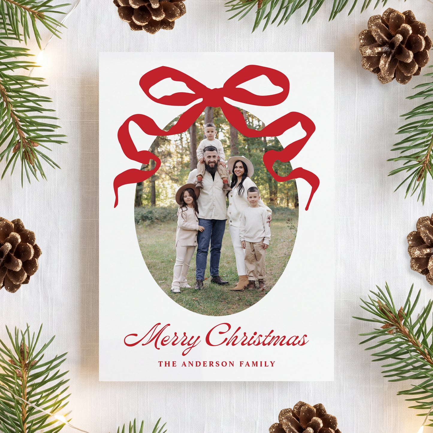 Whimsical Hand-Drawn Red Bow 5 Photo Christmas Card | Corjl Listing