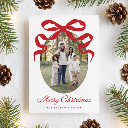 Whimsical Hand-Drawn Red Bow 5 Photo Christmas Card | Corjl Listing