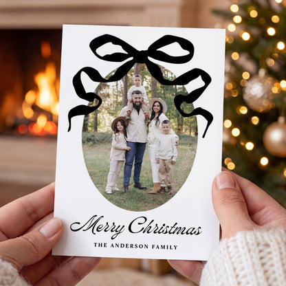 Whimsical Hand-Drawn Black Bow 5 Photo Christmas Card | Corjl Template