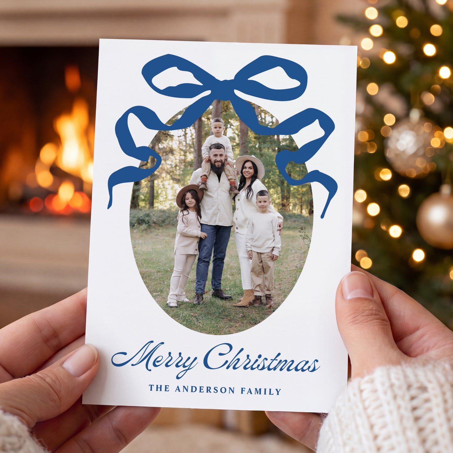 Whimsical Hand-Drawn Blue Bow 5 Photo Christmas Card | Corjl Template