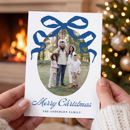 Whimsical Hand-Drawn Blue Bow 5 Photo Christmas Card | Corjl Template