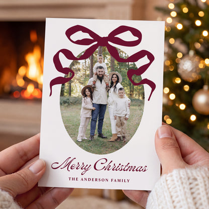 Whimsical Hand-Drawn Burgundy Bow 5 Photo Christmas Card | Corjl Template