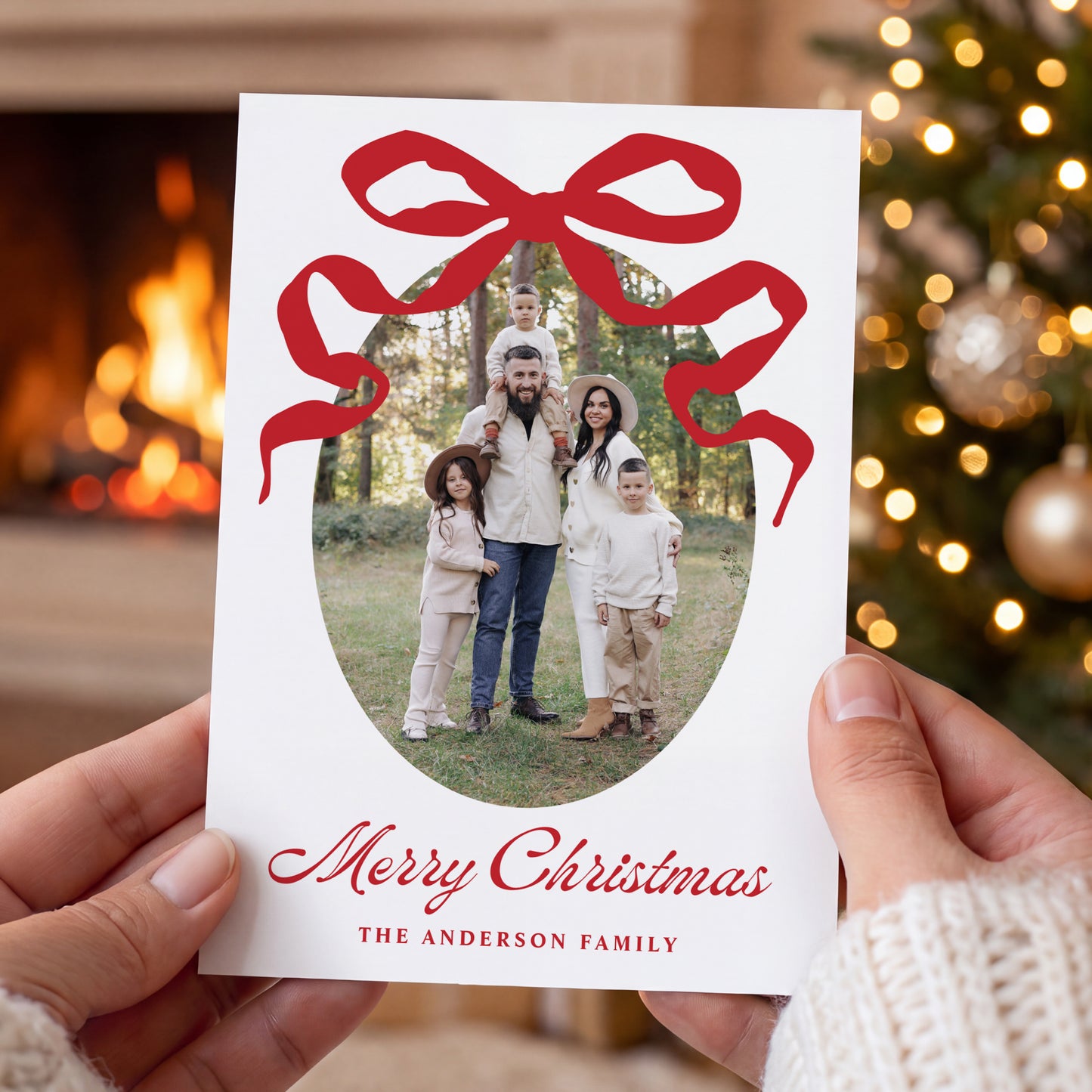 Whimsical Hand-Drawn Red Bow 5 Photo Christmas Card | Corjl Listing