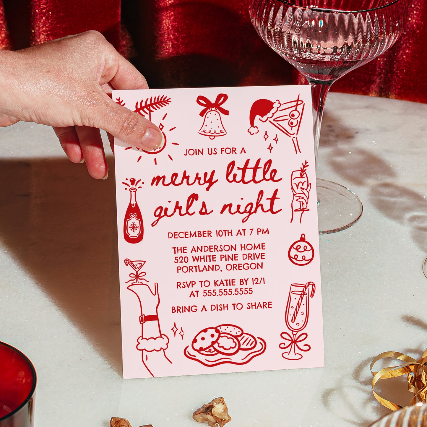 Whimsical Merry Little Girl's Night Christmas Party Invitation in Pink and Red | Corjl Template