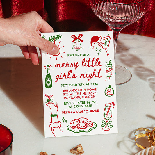 Whimsical Merry Little Girl's Night Christmas Invitation in Red and Green | Corjl Template