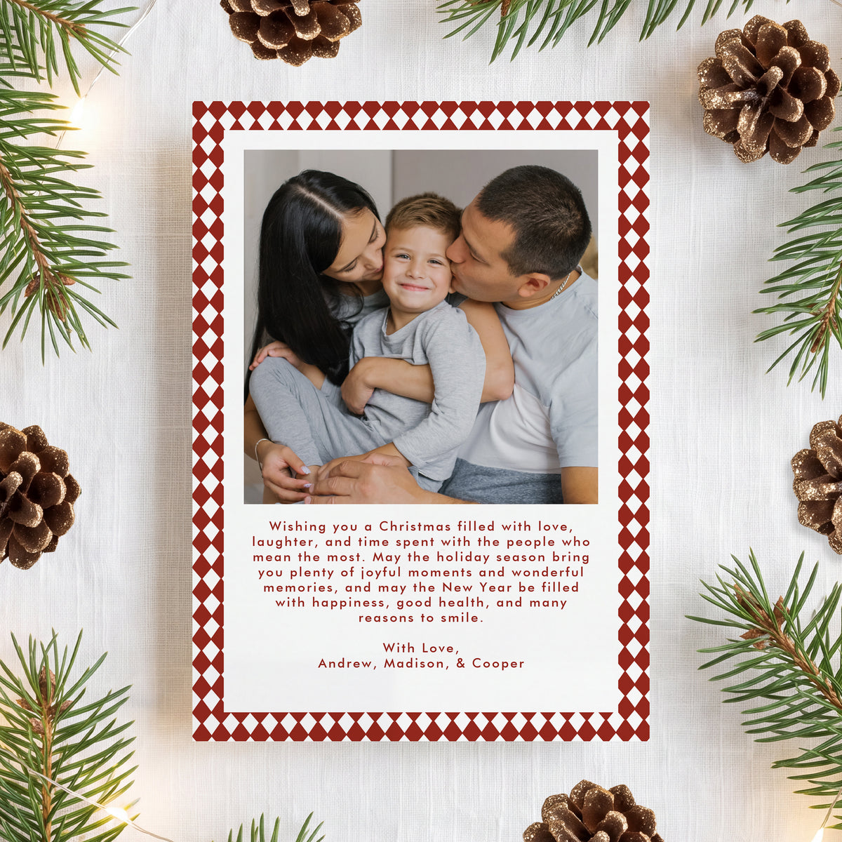 Whimsical Red Diamond Pattern 2 Photo Christmas Card Template