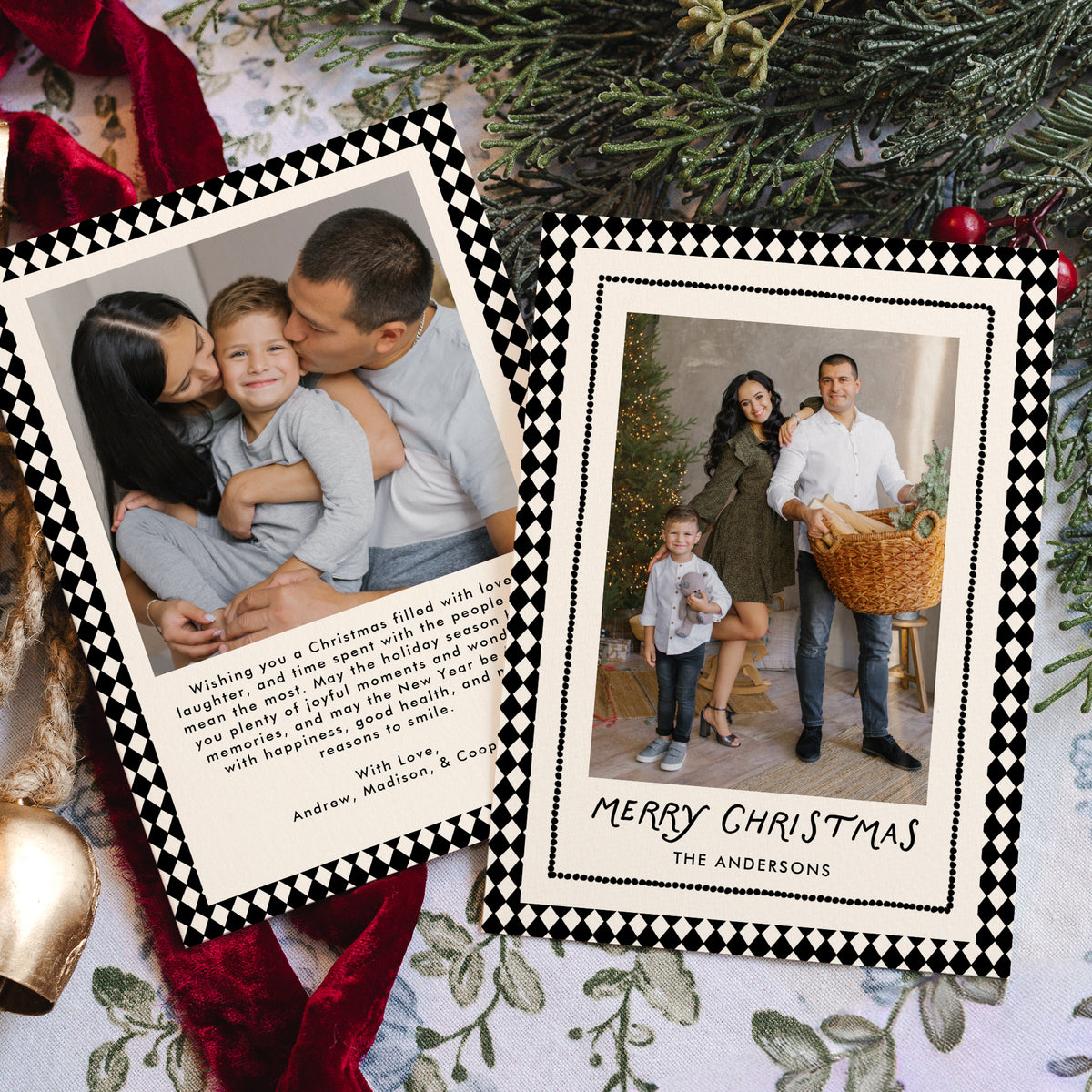 Whimsical Black Diamond Pattern 2 Photo Christmas Card Template