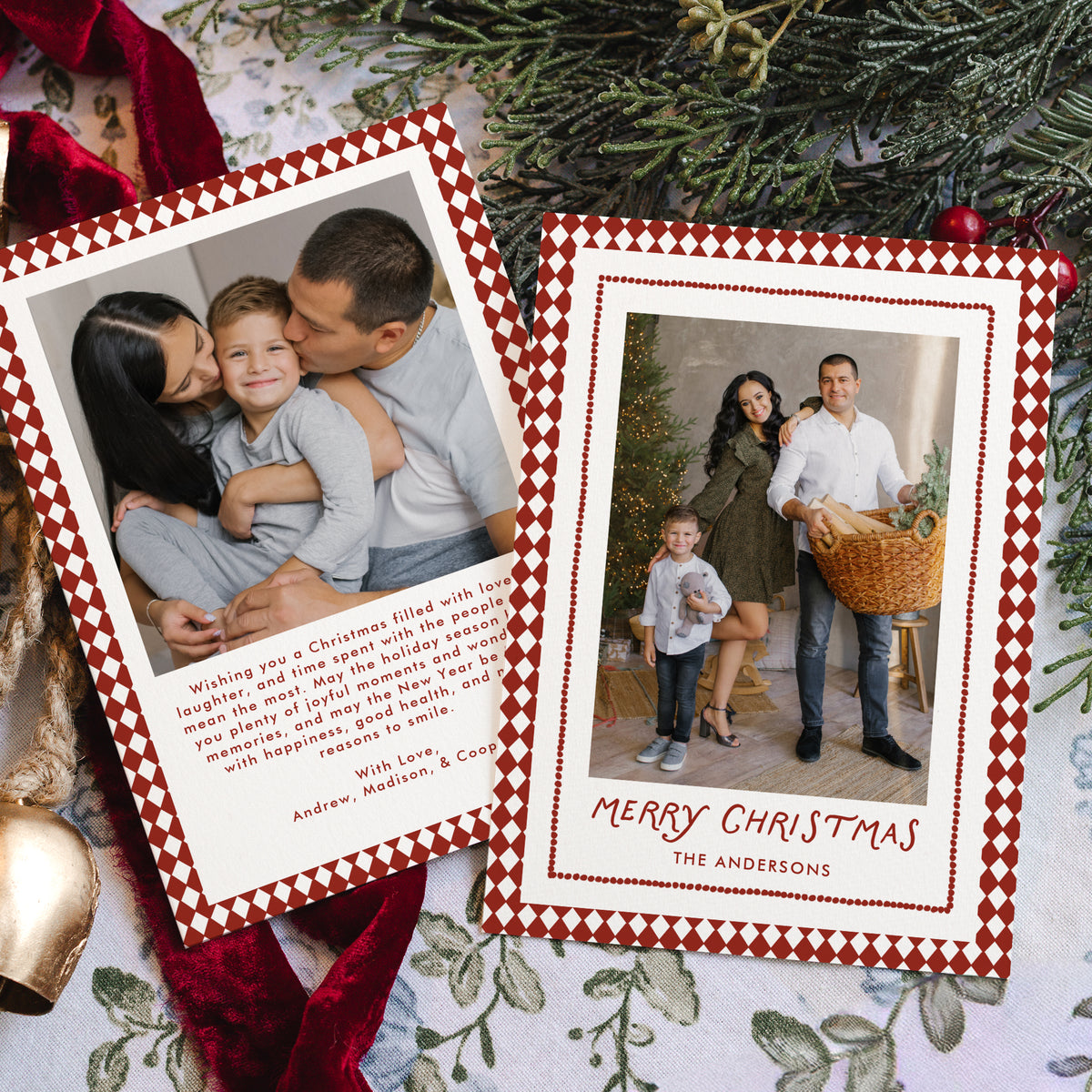 Whimsical Red Diamond Pattern 2 Photo Christmas Card Template