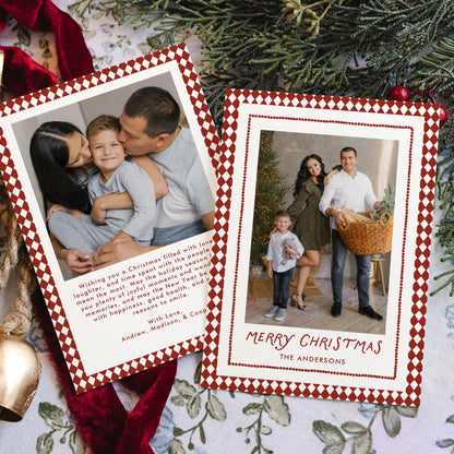 Whimsical Red Diamond Pattern 2 Photo Christmas Card Template