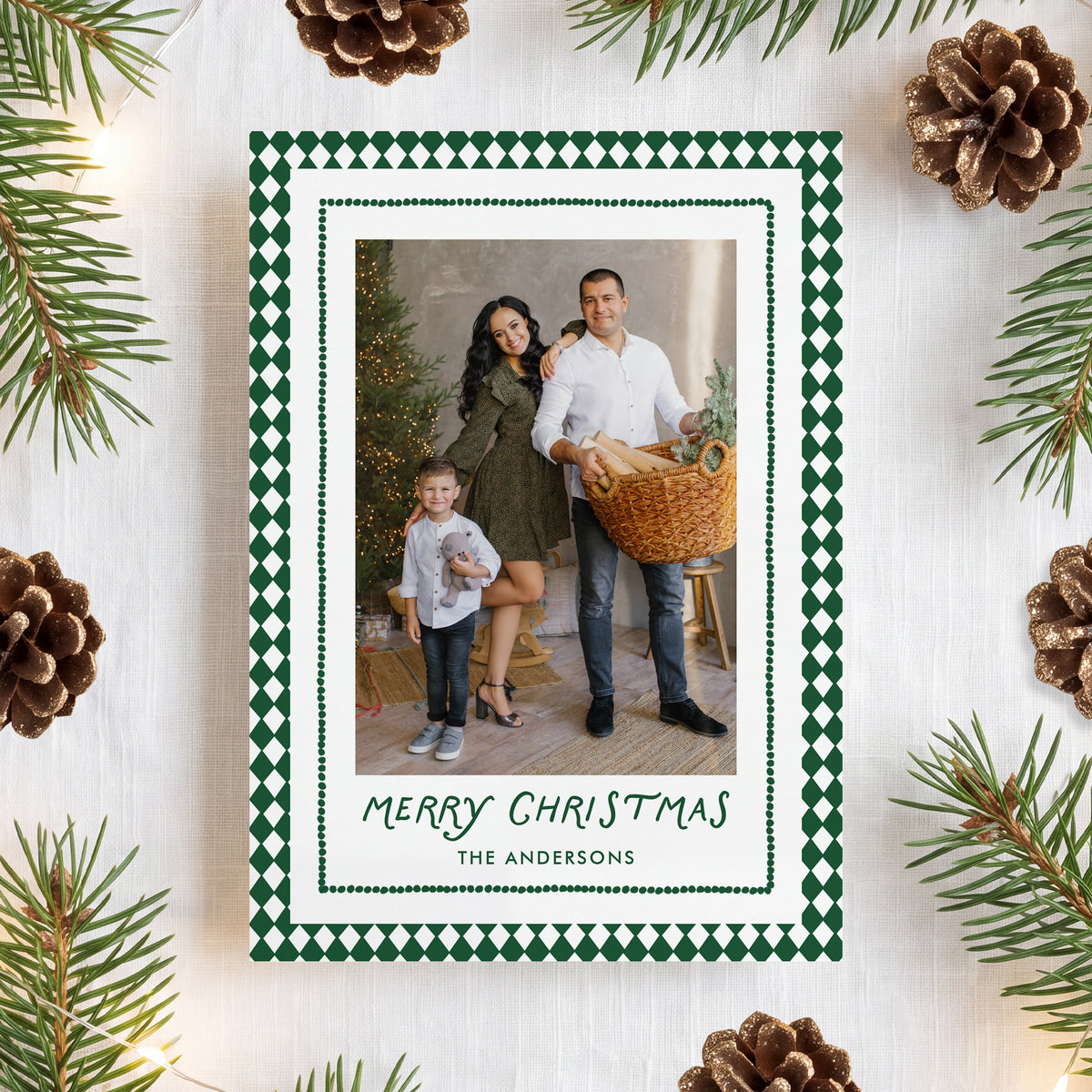 Whimsical Green Diamond Pattern 2 Photo Christmas Card Template