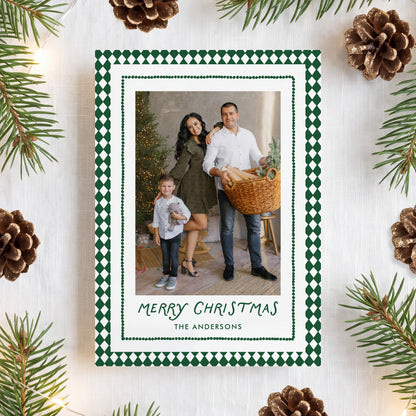Whimsical Green Diamond Pattern 2 Photo Christmas Card Template