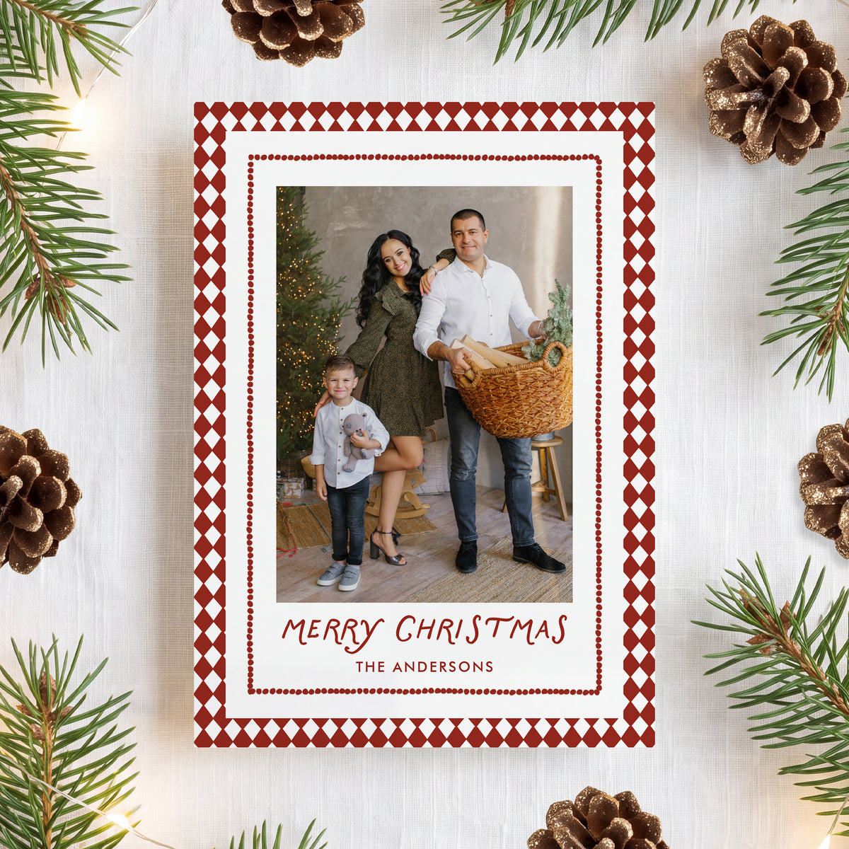 Whimsical Red Diamond Pattern 2 Photo Christmas Card Template