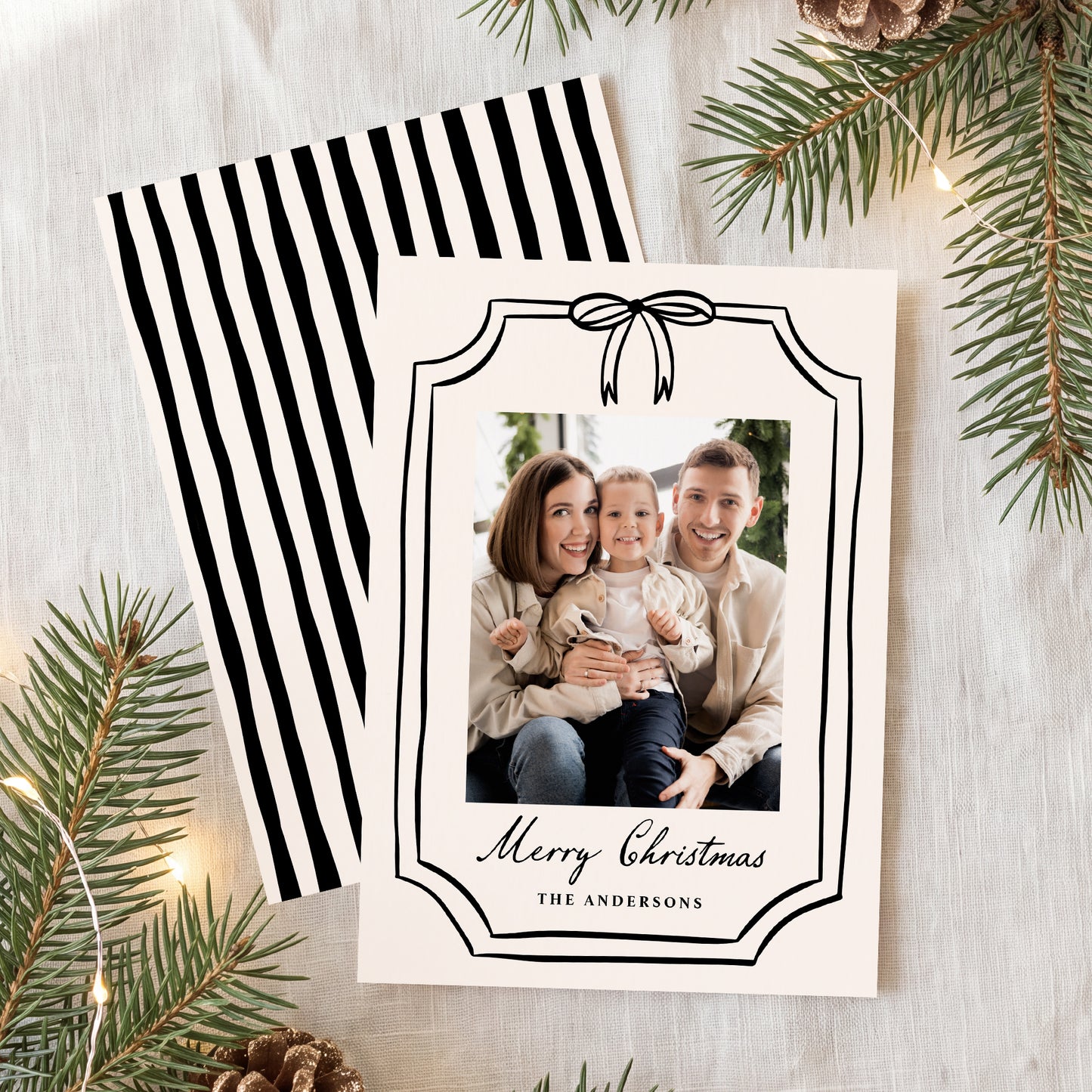 Whimsical Black Bow Frame Christmas Photo Card | Corjl Template