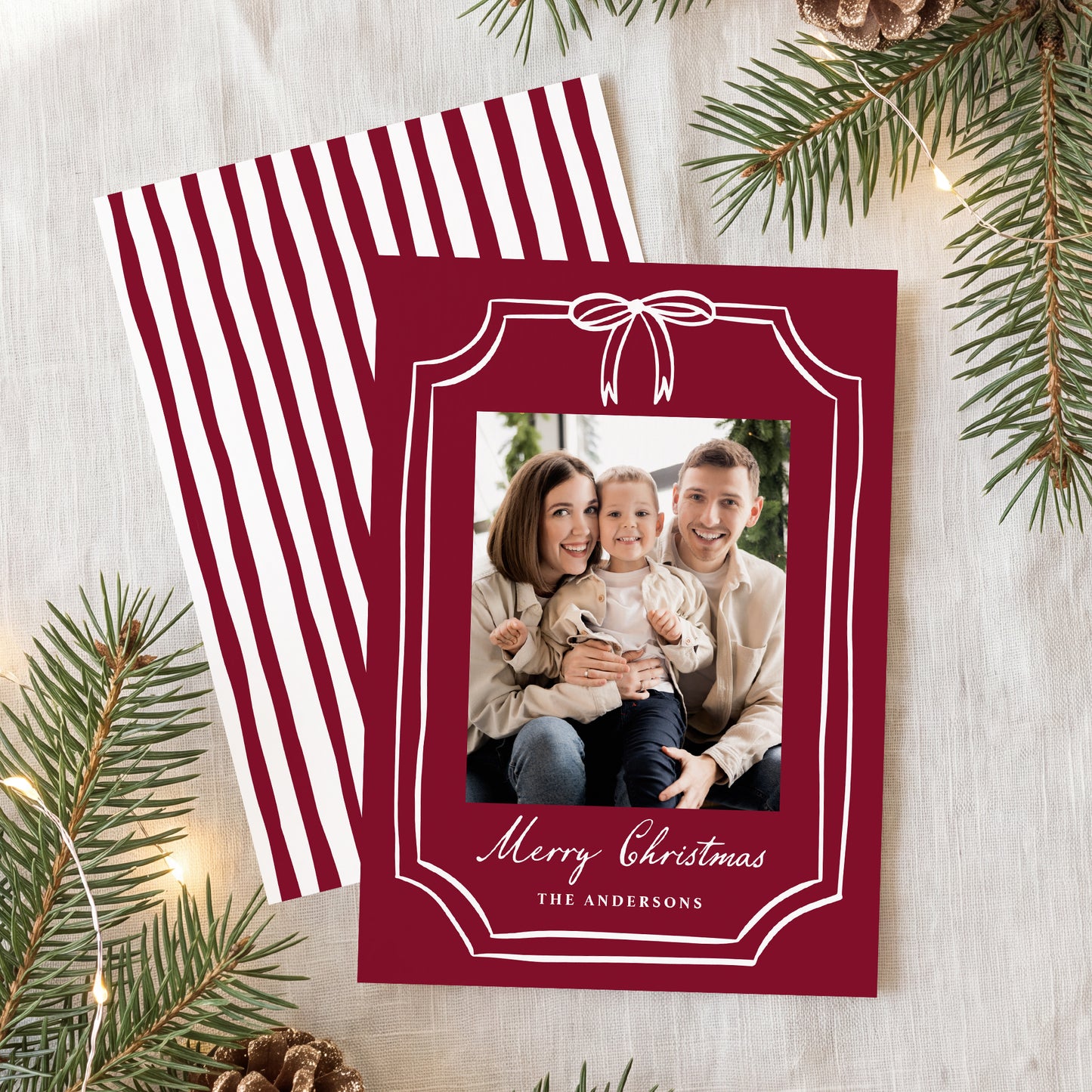 Whimsical Bow Frame Burgundy Christmas Photo Card | Corjl Template