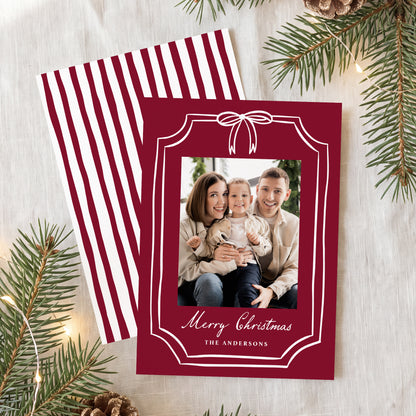 Whimsical Bow Frame Burgundy Christmas Photo Card | Corjl Template