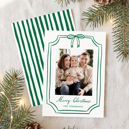 Whimsical Green Bow Frame Christmas Photo Card | Corjl Template