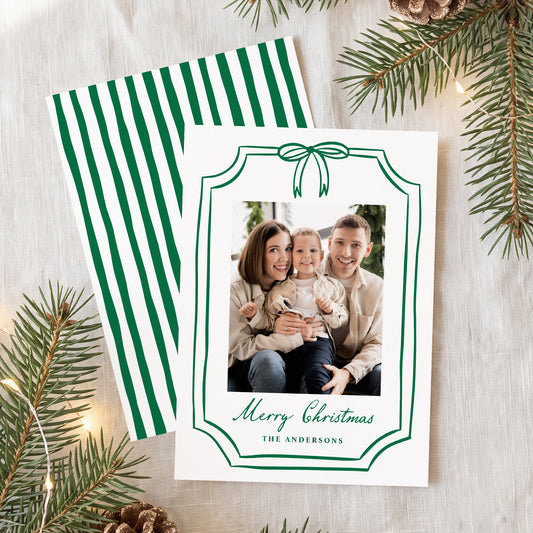 Whimsical Green Bow Frame Christmas Photo Card | Corjl Template