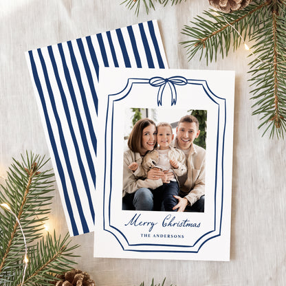 Whimsical Navy Bow Frame Christmas Photo Card | Corjl Template