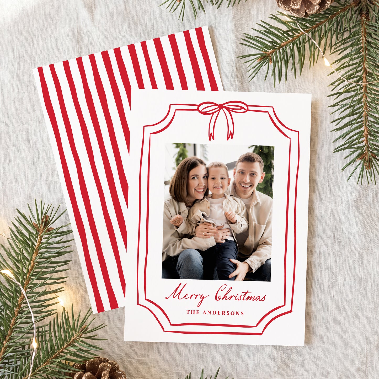 Whimsical Red Bow Frame Christmas Photo Card | Corjl Template