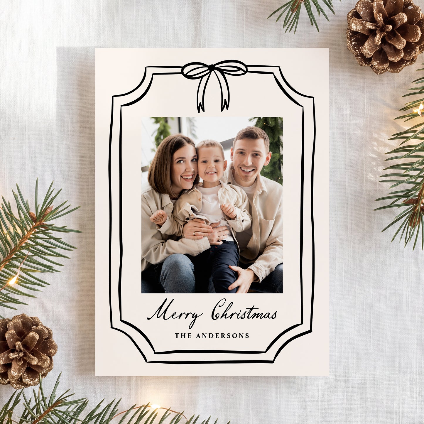 Whimsical Black Bow Frame Christmas Photo Card | Corjl Template
