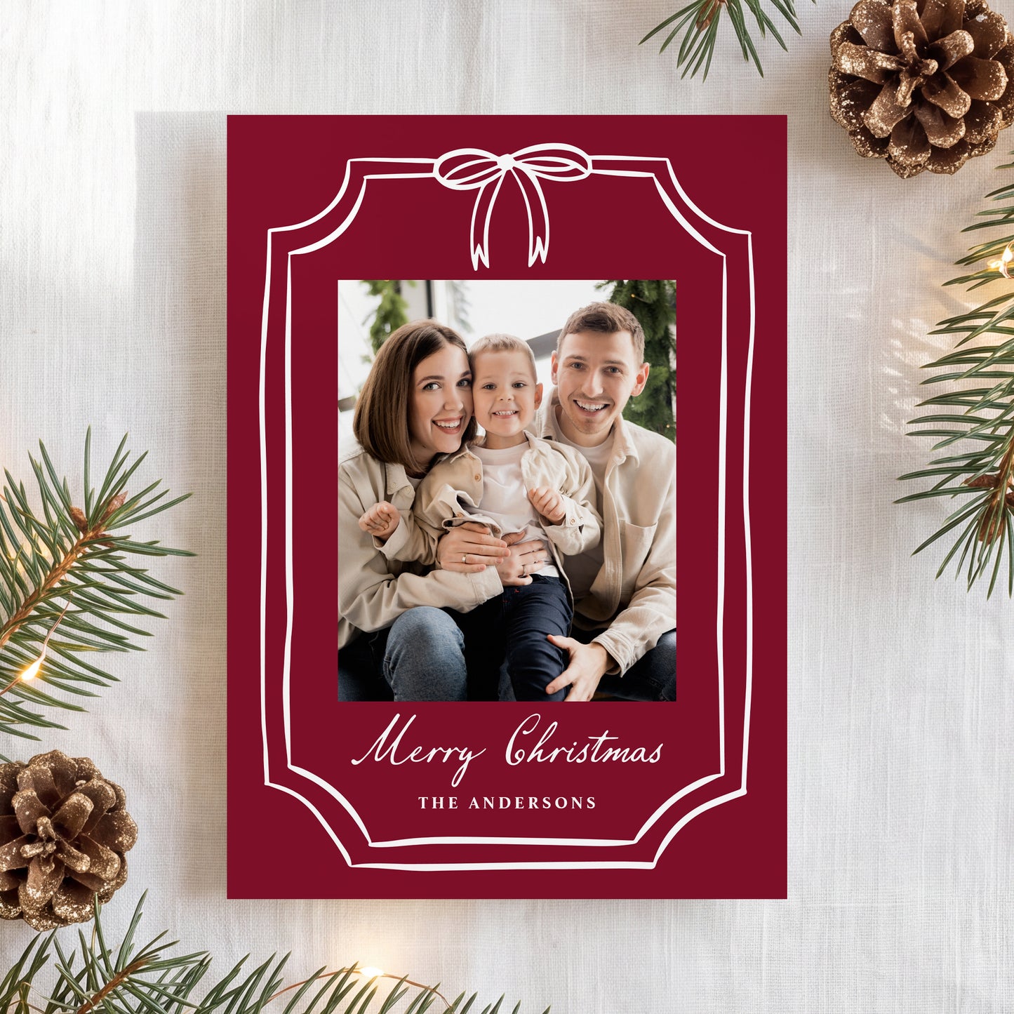 Whimsical Bow Frame Burgundy Christmas Photo Card | Corjl Template