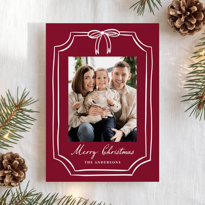 Whimsical Bow Frame Burgundy Christmas Photo Card | Corjl Template