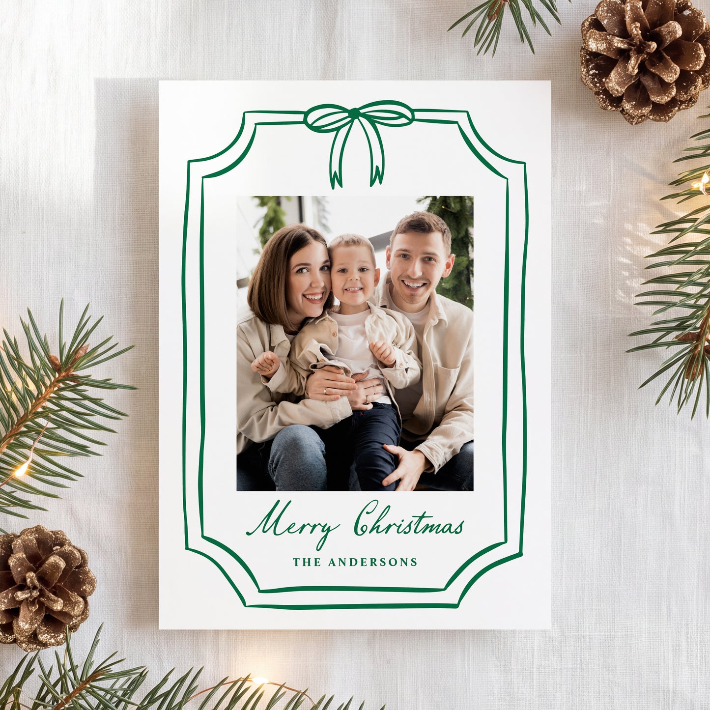 Whimsical Green Bow Frame Christmas Photo Card | Corjl Template
