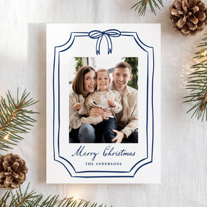 Whimsical Navy Bow Frame Christmas Photo Card | Corjl Template