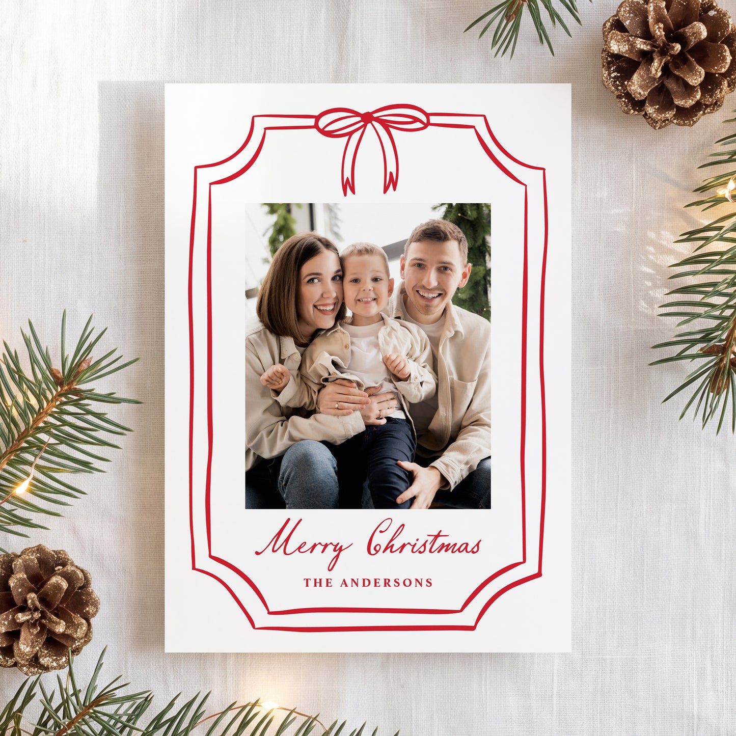 Whimsical Red Bow Frame Christmas Photo Card | Corjl Template