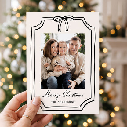 Whimsical Black Bow Frame Christmas Photo Card | Corjl Template