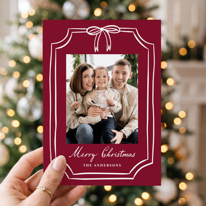 Whimsical Bow Frame Burgundy Christmas Photo Card | Corjl Template