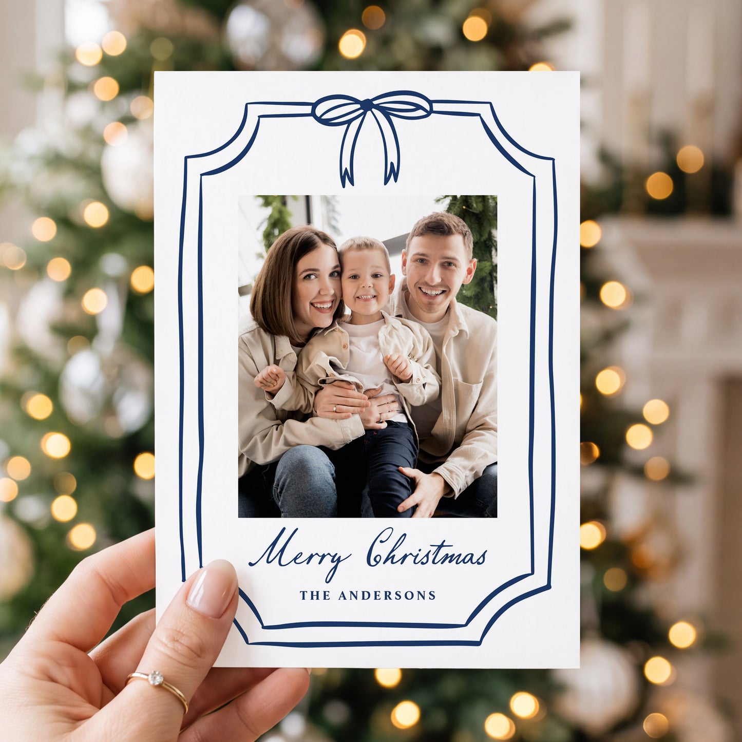 Whimsical Navy Bow Frame Christmas Photo Card | Corjl Template