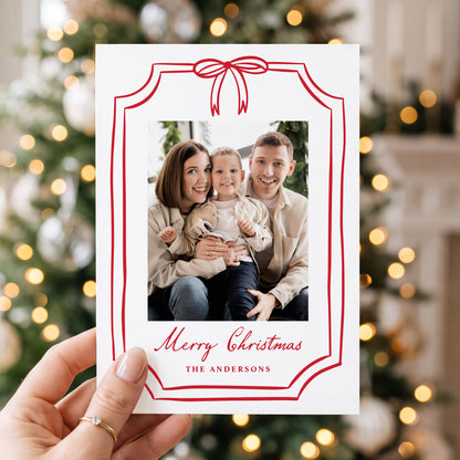 Whimsical Red Bow Frame Christmas Photo Card | Corjl Template