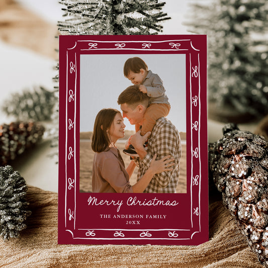 Whimsical Hand-Drawn Bow Frame Cranberry 2 Photo Holiday Card | Corjl Template