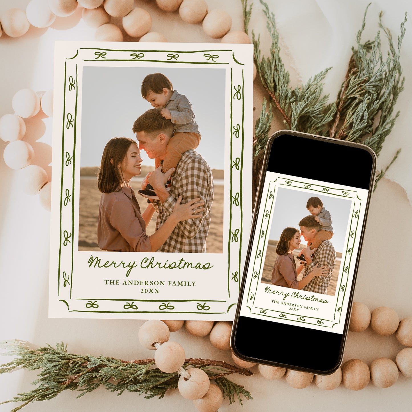 Whimsical Hand-Drawn Green Bow Frame 2 Photo Holiday Card | Corjl Template