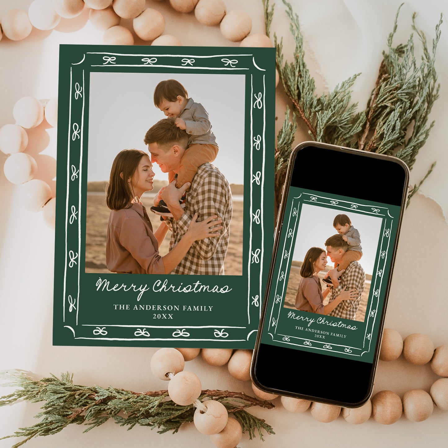 Whimsical Hand-Drawn Bow Frame Green 2 Photo Holiday Card | Corjl Template