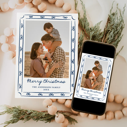 Whimsical Hand-Drawn Navy Bow Frame 2 Photo Holiday Card | Corjl Template