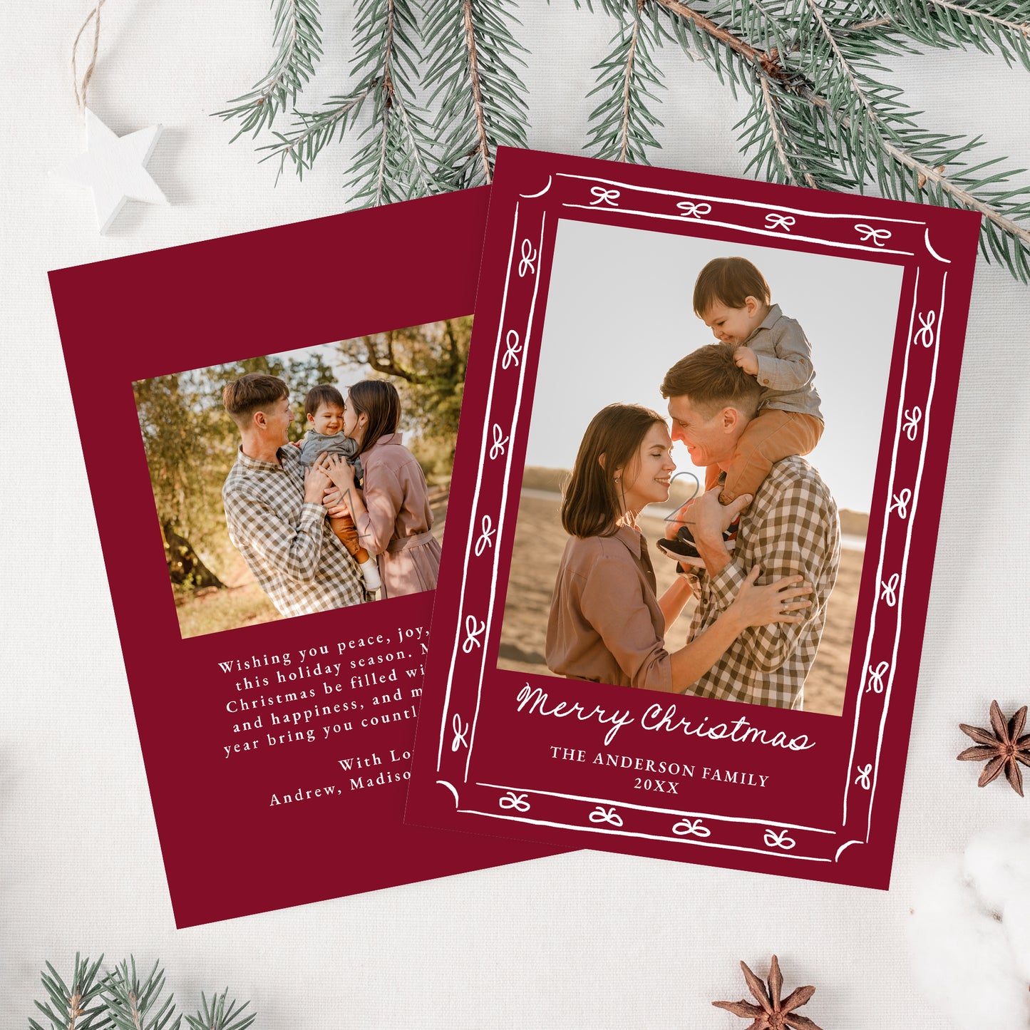 Whimsical Hand-Drawn Bow Frame Cranberry 2 Photo Holiday Card | Corjl Template