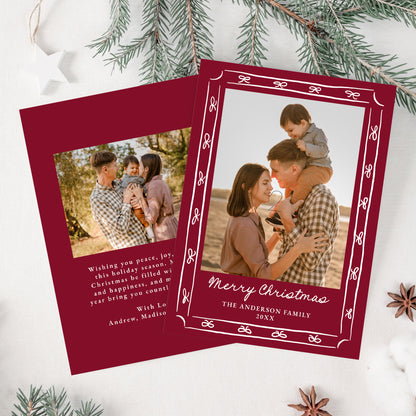 Whimsical Hand-Drawn Bow Frame Cranberry 2 Photo Holiday Card | Corjl Template