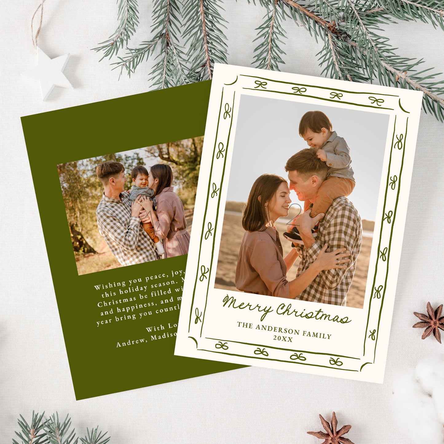Whimsical Hand-Drawn Green Bow Frame 2 Photo Holiday Card | Corjl Template
