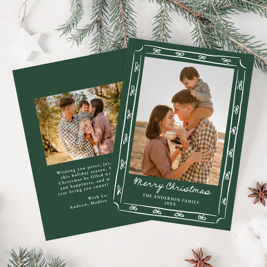 Whimsical Hand-Drawn Bow Frame Green 2 Photo Holiday Card | Corjl Template