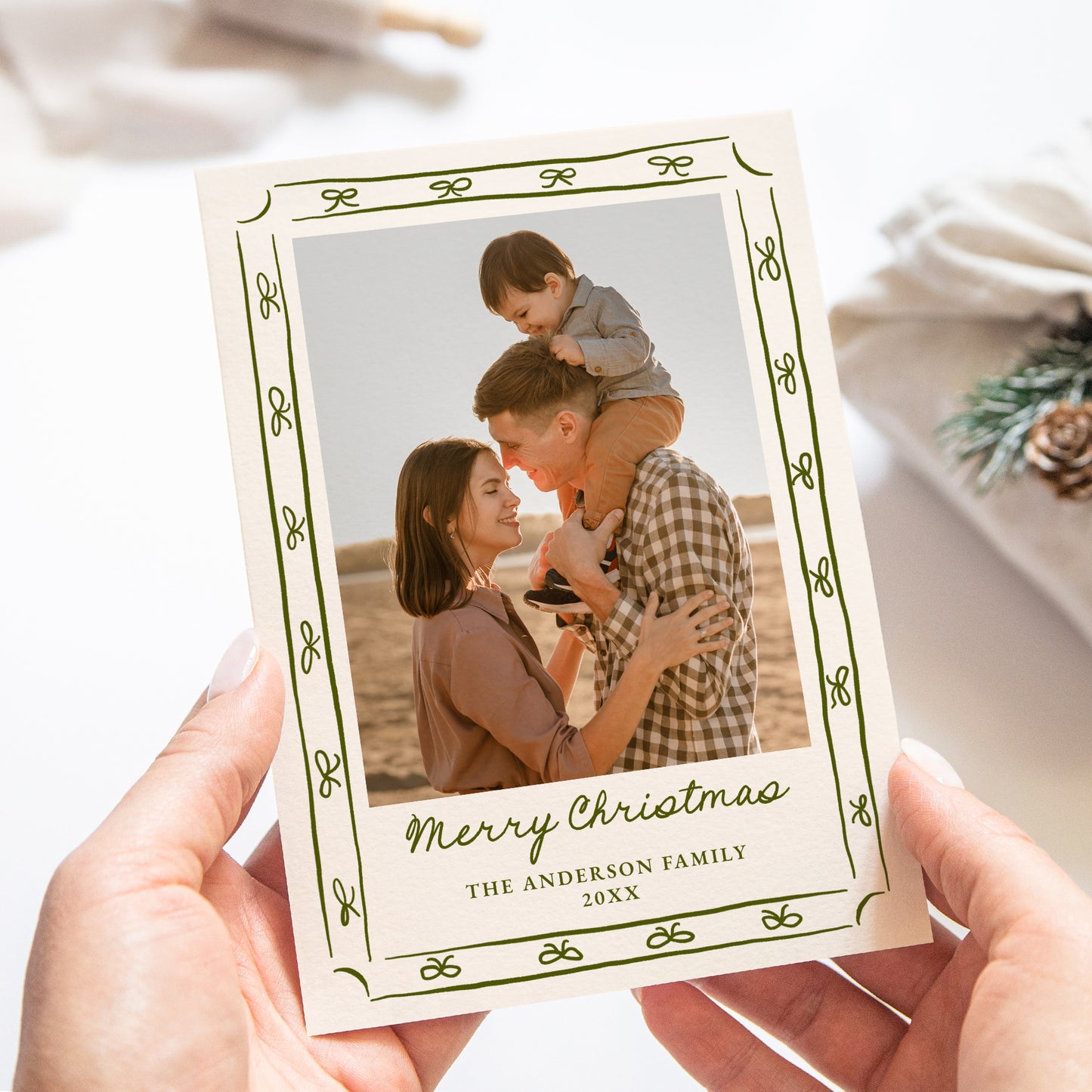 Whimsical Hand-Drawn Green Bow Frame 2 Photo Holiday Card | Corjl Template