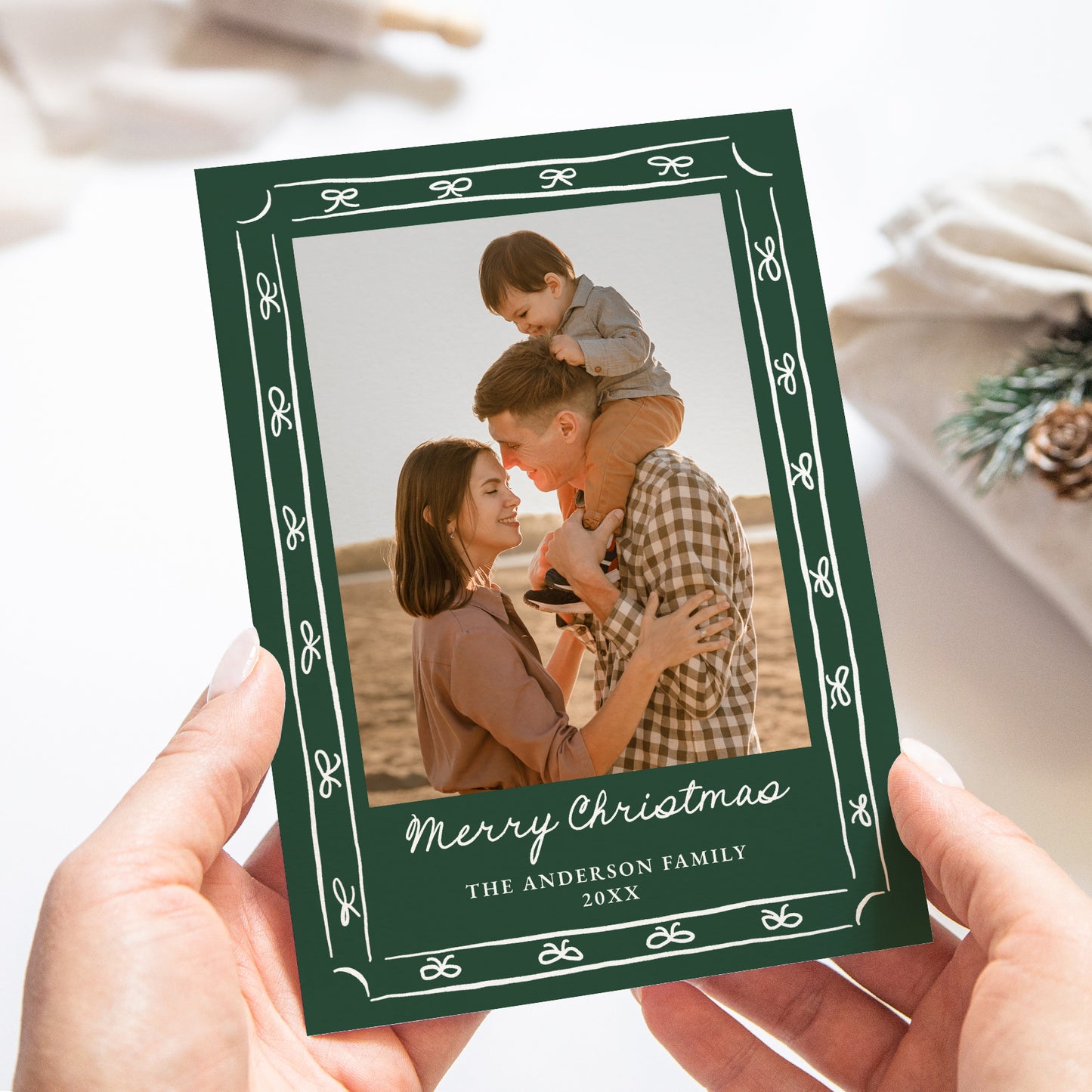 Whimsical Hand-Drawn Bow Frame Green 2 Photo Holiday Card | Corjl Template